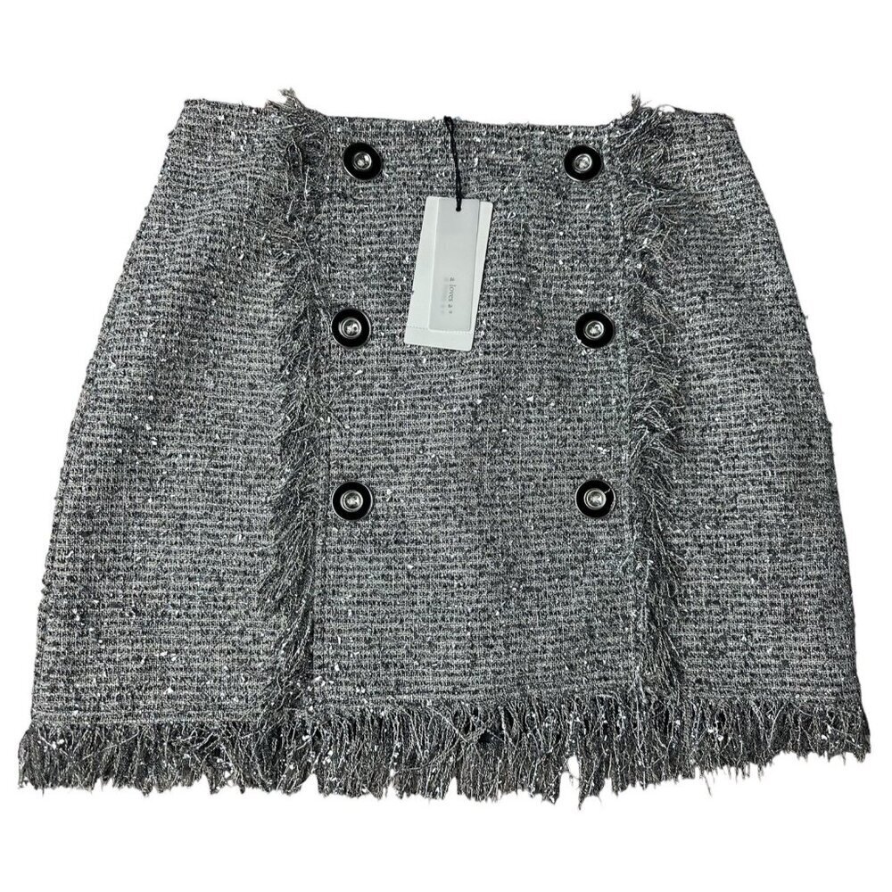 A Loves A Metallic Tweed Fringe Mini Skirt 4 High Rise Button Front A-Line New
